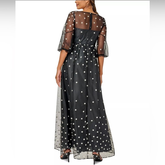NWT, Adrianna Papell "Glitter Tulle Long Dress" in Black w/ Puff Sleeve, Size 8 - Picture 8 of 12
